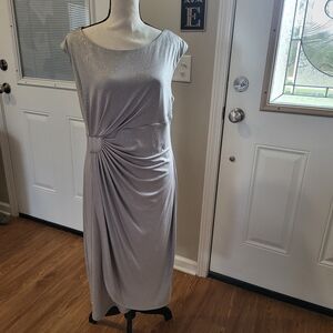 Dress Barn Shimmering Silver Midi Dress with Side Knot Draping